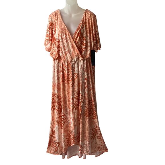 Rachel Roy Crossover Flutter Sleeve Maxi Dress Women 1X Abstract Print Guava NWT - Picture 1 of 12